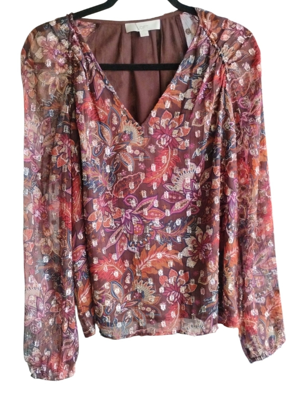 LOFT Sheer Floral V-Neck Blouse in Brown, Pink & Rust Gold SZ M